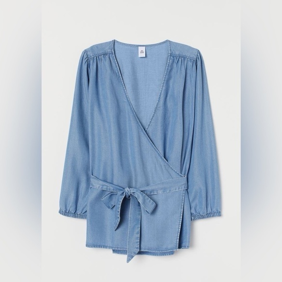 & Denim for H&M Chambray Lyocell Wrapover Blouse Lightweight Denim Size 2 - Picture 1 of 11